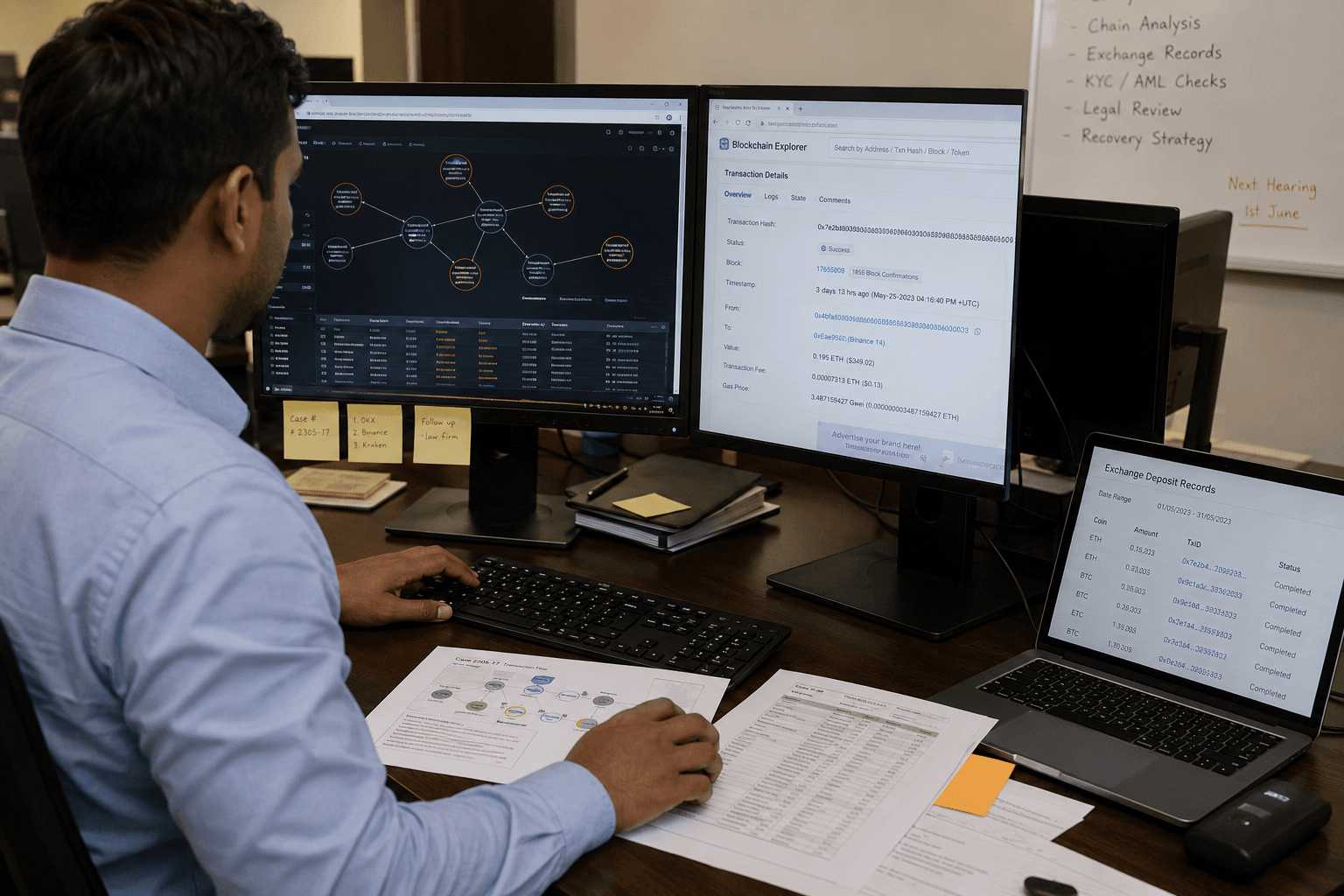 Forensic crypto fraud recovery review with wallet flows and exchange records.