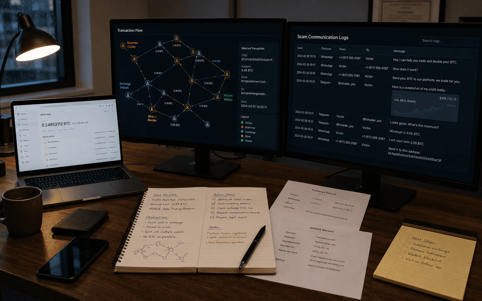 Crypto scam recovery case desk with platform screenshots and wallet flow evidence.