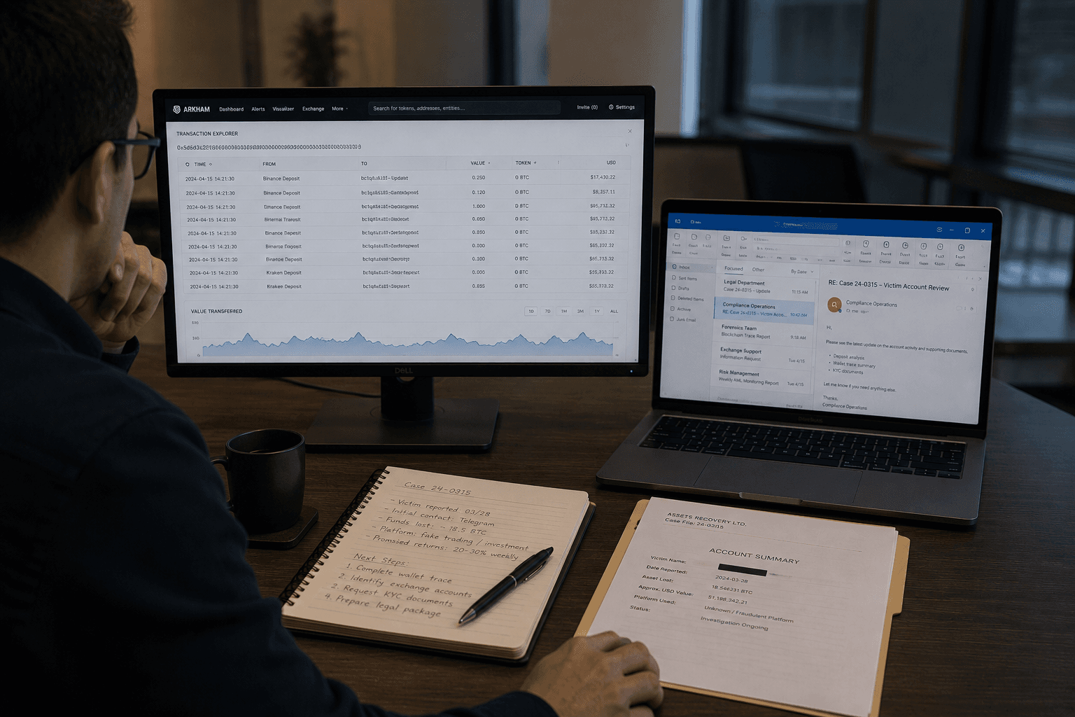 Digital asset recovery case review with wallet records and compliance documents.