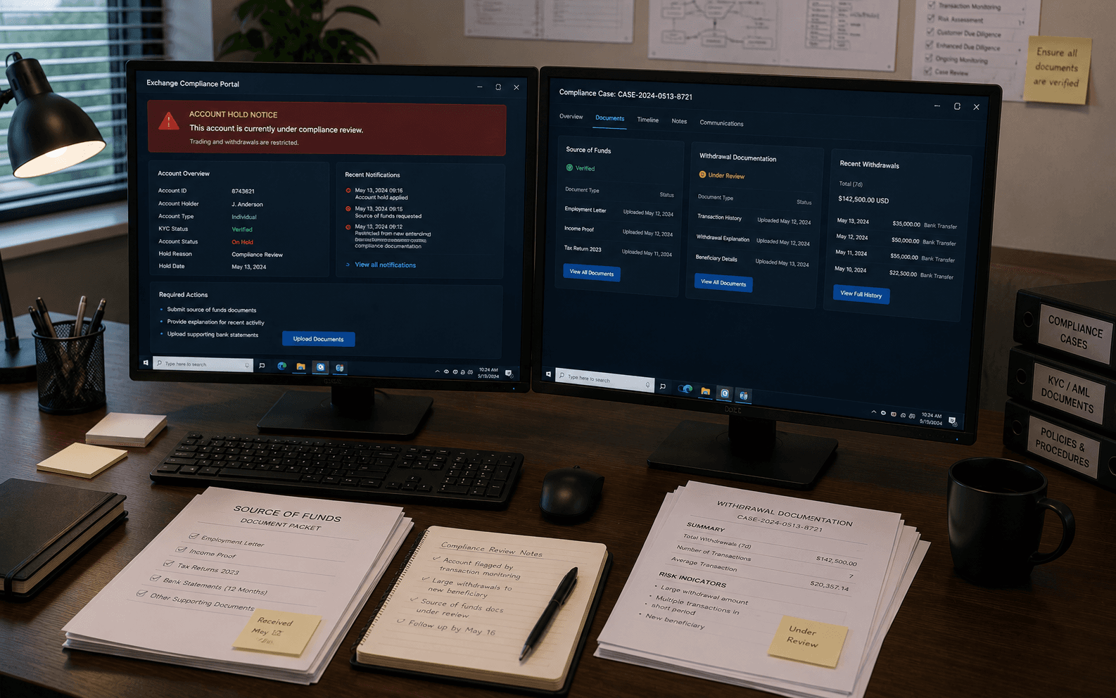Frozen crypto funds review with exchange hold notices and compliance records.