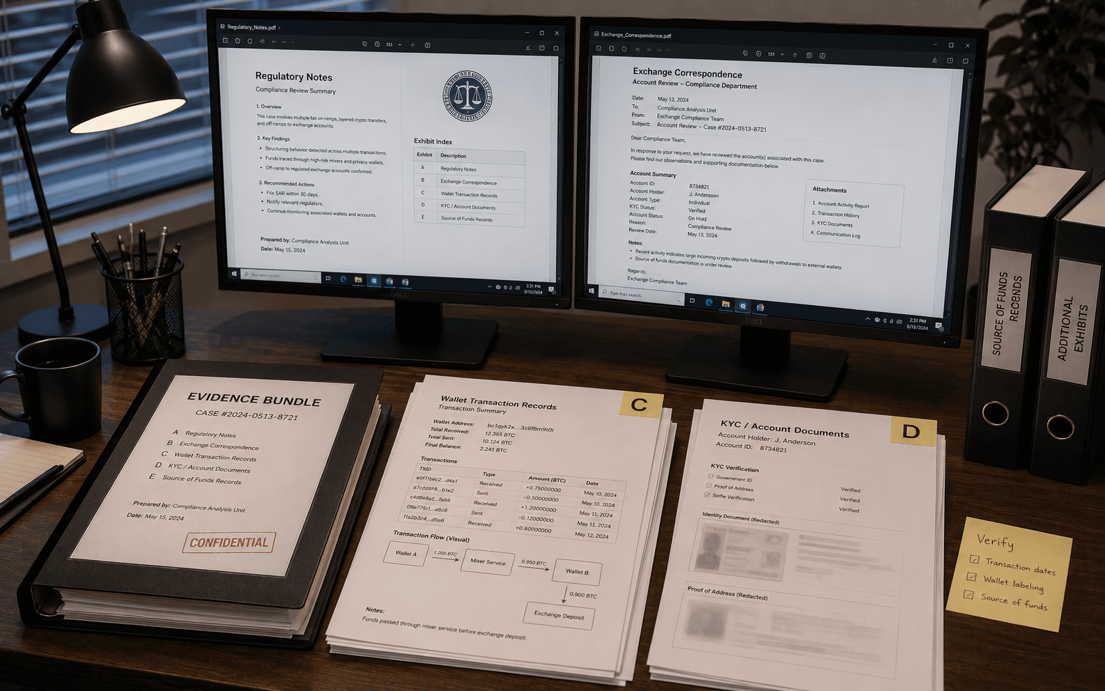Regulatory enforcement support evidence bundle with exchange correspondence and transaction exhibits.